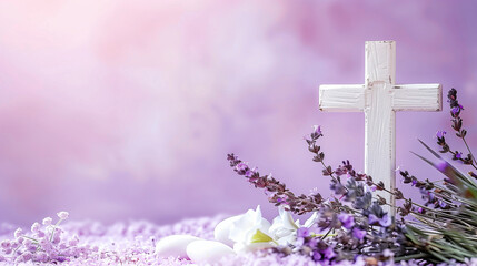 A Purple Background Adorned with a Crucifix, Surrounded by the Soothing Scent of Lavender