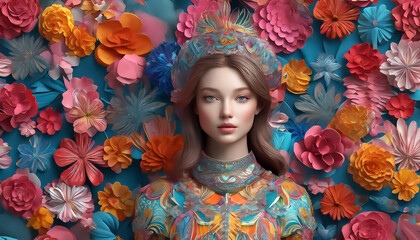 Young woman wearing flowers. Portrait of a beautiful woman. Fantasy collage. Made up scene