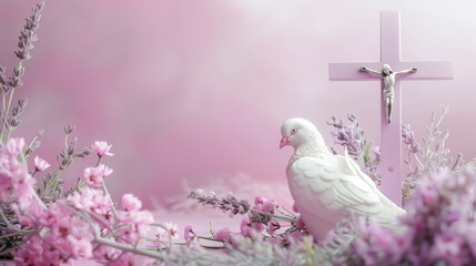 A Purple Canvas Showcases a Crucifix, White Pigeon, and Lavender Blooms