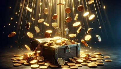An open treasure chest spilling an abundance of glowing gold coins on a dark wooden surface, representing wealth and discovery.