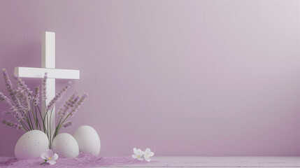  Purple Hues Embrace a Crucifix Against Lavender Sprigs, Emanating Peace and Reverence for Easter