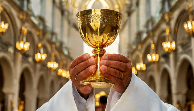 Extreme closeup of the hands of a priest holding a golden chalice, cup of wine (blood of Christ), symbolizing the holy sacrament of Communion in Christianity and the connection with God. Generative Ai