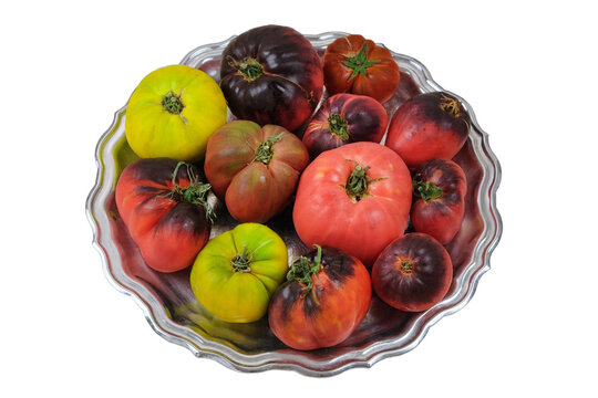 Tomatoes in a metal plate isolate on white background. Variety tomatoes in rustic bowl.