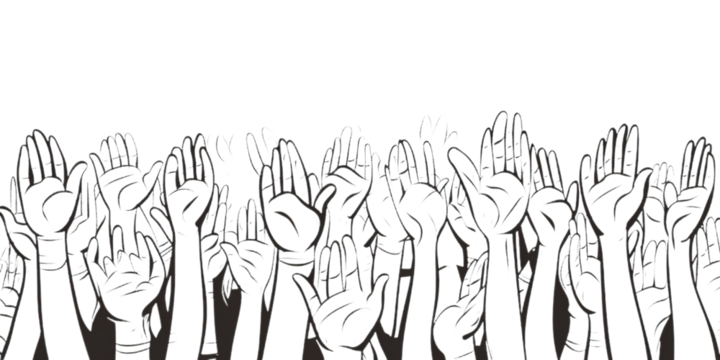 A monochrome silluet of the many people with hands up isolated on the transparent background.