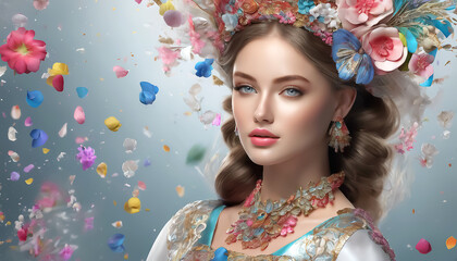 Lovely young woman in flowers. Fantasy flower collage. Fictional scene