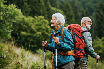 Happy senior couple hiking with trekking sticks and backpacks in nature. Enjoying nature, having a good time on their retirement