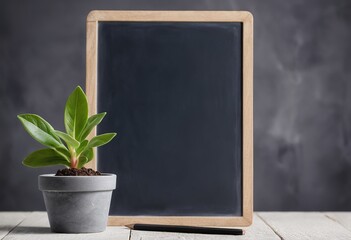 blank blackboard with green leaves - obrazy, fototapety, plakaty