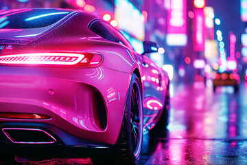 luxury pink modern sports car on street at night in the city with rain. Taillight close up