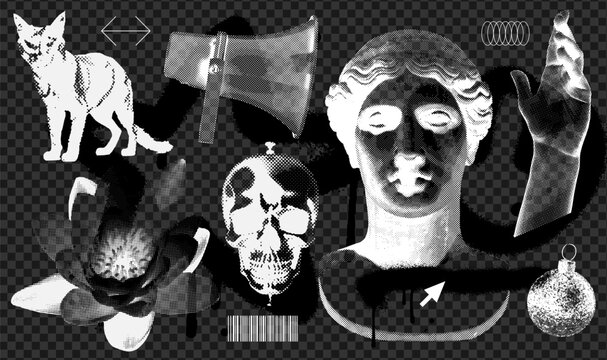 Negative Halftone collage design elements set in trendy grunge photocopy style. Antique Statue, lily flower, skull, hand and cat. Vector illustration with vintage grunge punk black and white shapes.