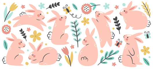 Cute Easter bunny, funny little rabbit characters jumping, sitting, playing surrounded plant leaves