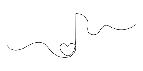 Musical note heart one line art,hand drawn continuous contour outline.Love music composition concept,minimalist romantic design,song for Valentines day February 14.Editable stroke.Isolated.Vector