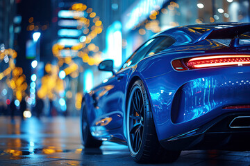 luxury blue sports car on road at night. Taillight close up