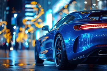 Poster luxury blue sports car on road at night. Taillight close up © alexkoral