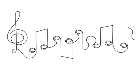 Treble clef and musical notes one line art, hand drawn continuous contour outline.Love music composition concept,minimalist template melody art design.Editable stroke.Isolated.Vector illustration - obrazy, fototapety, plakaty