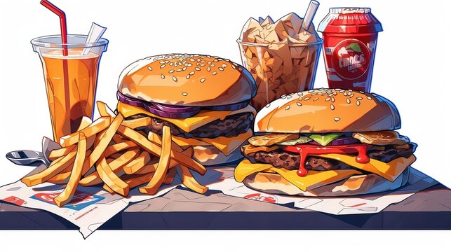 Illustration depicting a set of delicious fast food items, such as a cheeseburger, fries, soda, and a milkshake, Generative ai.