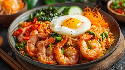 Spicy Shrimp Fried Rice with Vegetables, Fried Egg, and Fresh Herbs Served in a Wooden Bowl on Textured Background