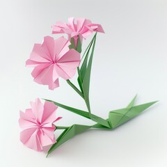 Origami, pink Dianthus grass flower made from paper on light background