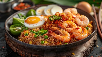 Shrimp Fried Rice with Sliced Egg, Green Peas, and Lime on Dark Stone Background, Asian Cuisine...