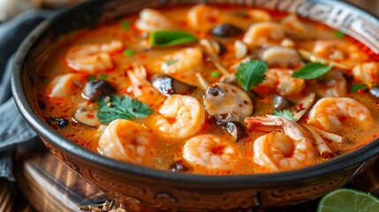 Spicy Shrimp Tomato Stew with Herbs and Olives in Rustic Bowl on Wooden Table, Seafood Dish Concept