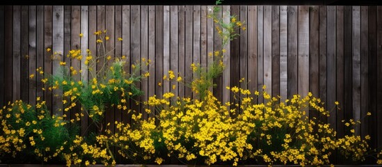Obraz premium A wooden fence is adorned with a plethora of yellow flowers, intertwining themselves between the slats. The vibrant flowers contrast beautifully against the rustic wood of the fence.