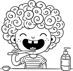 Cartoon little kid brush their teeth. Daily routine, good hygiene procedures. Coloring page for children. Outline vector illustration