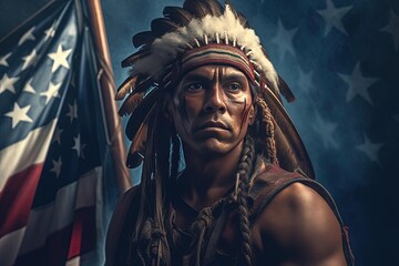 Professional Photograph of Native American Indian with Feather Headdress and American Flag