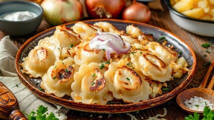 Traditional Eastern European Dumplings with Fried Onions and Sour Cream on Rustic Table