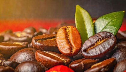 Obraz premium Close-Up of Roasted Coffee Beans with Green Leaves