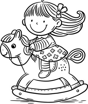 Cartoon little girl riding a toy horse, isolated outline vector illustration. Coloring book page for children.
