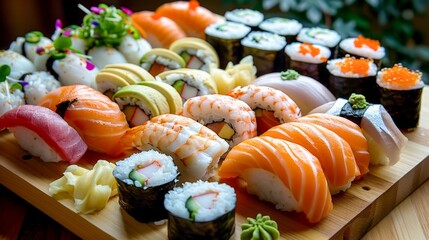 Assorted Sushi and Sashimi Platter on Wooden Board, Traditional Japanese Cuisine, Fresh Seafood Selection
