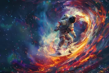 Rolgordijnen An astronaut appears to walk on a spiral of stardust in space, representing the vastness and mystery of the universe © Fxquadro