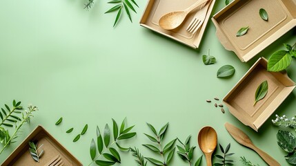 Disposable paper cutlery made of recycled materials and brown craft paper with a green backdrop and showcasing the zero waste and plastic rejection concept, Generative AI. - obrazy, fototapety, plakaty