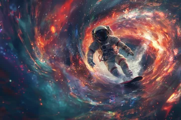 Papier Peint photo Lavable Nasa A vibrant depiction of an astronaut surfing a cosmic wave with a backdrop of glittering stars and nebulae