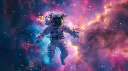 In an endless expanse of purple and pink nebula, an astronaut floats calmly, giving a sense of serenity and exploration in the cosmos