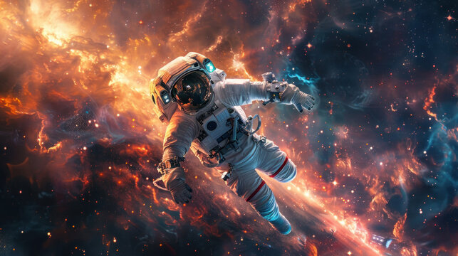 Captured is an astronaut navigating through a fierce cosmic firestorm, with fiery oranges and reds depicting a dynamic and hazardous space environment