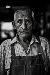 Black and white portrait of an elderly person. Concept of traditional Mexican culture and lifestyle.