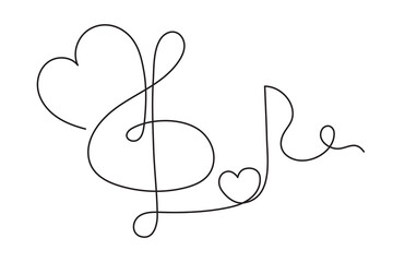Treble clef and heart one line art,hand drawn continuous contour outline.Love music composition concept,minimalist romantic design,song for Valentines day February 14.Editable stroke.Isolated.Vector