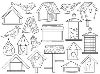Black-and-white birdhouse and birds outline design, wooden hanging wintering feeders isolated set