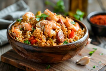 Delicious Spicy Shrimp Jambalaya in Wooden Bowl on Rustic Table with Ingredients