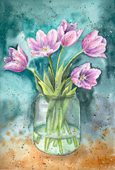 Hand painted watercolor tulip bouquet. Watercolor tulips. Pink tulips painting.