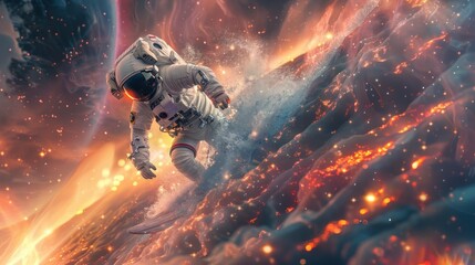 A surreal scenario of an astronaut surfing a wave made of galactic elements, stars, and dust - obrazy, fototapety, plakaty