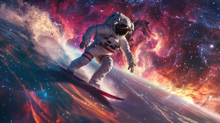 Intense depiction of an astronaut in space suit surfing amidst a vividly colored cosmic waves - 755626242
