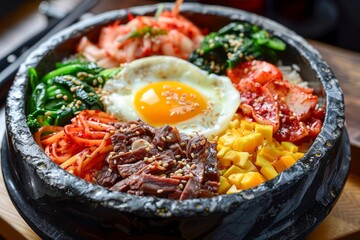 Colorful Traditional Korean Bibimbap Dish with Egg, Vegetables, and Beef on a Hot Stone Bowl