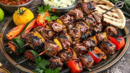 Succulent Grilled Skewers with Beef and Vegetables Served with Dips and Pita Bread on Rustic Dark...