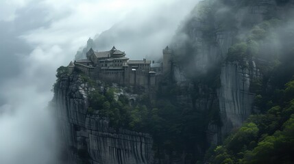  Mist-Enshrouded Mountain Castle on Cliff Edge.