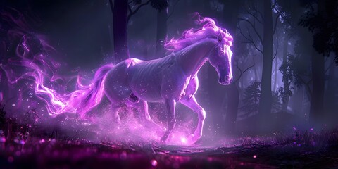 Obraz na płótnie Canvas Purple Glowing Horse Galloping in Fantasy Forest with Enchanting Light