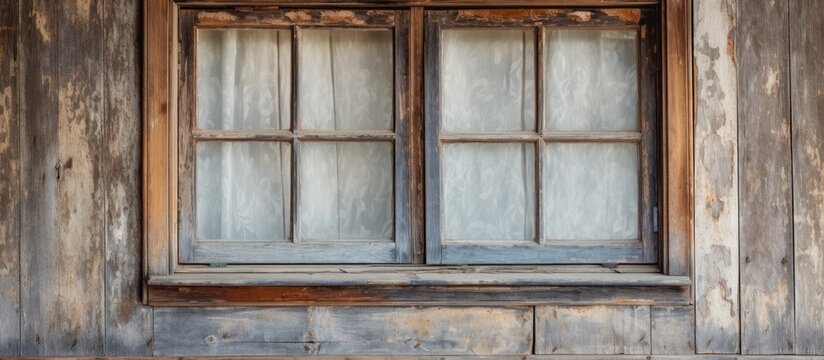 An old wooden window with multiple glass panes, displaying the wear and tear of time with its rustic charm. The glass is slightly cloudy, allowing muted light to filter through.