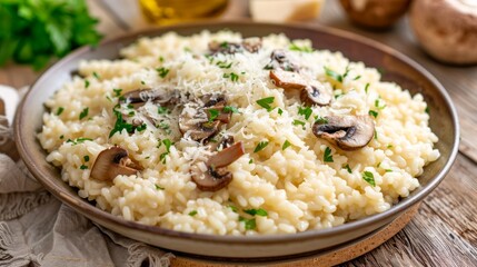 Creamy Mushroom Risotto in Rustic Bowl on Wooden Table with Ingredients Around