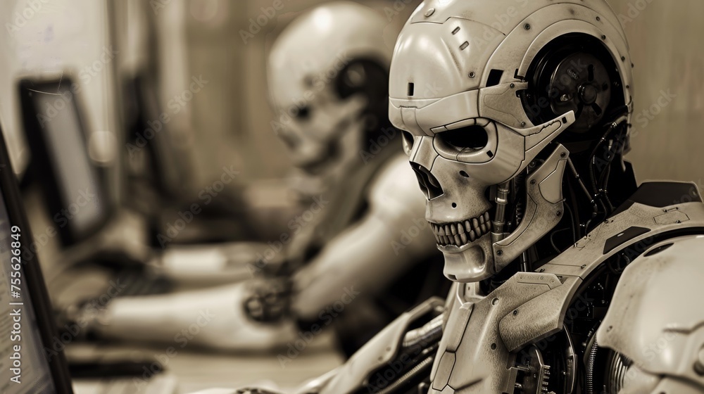 Poster a robot with a skull on its head sitting at a computer, ai