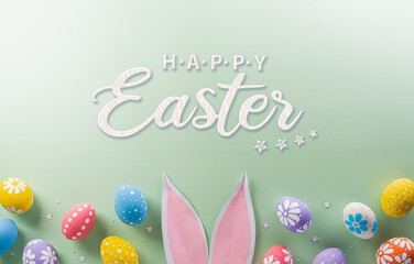 Easter party concept. Top view of easter bunny ears and colorful eggs with the text on pastel background.